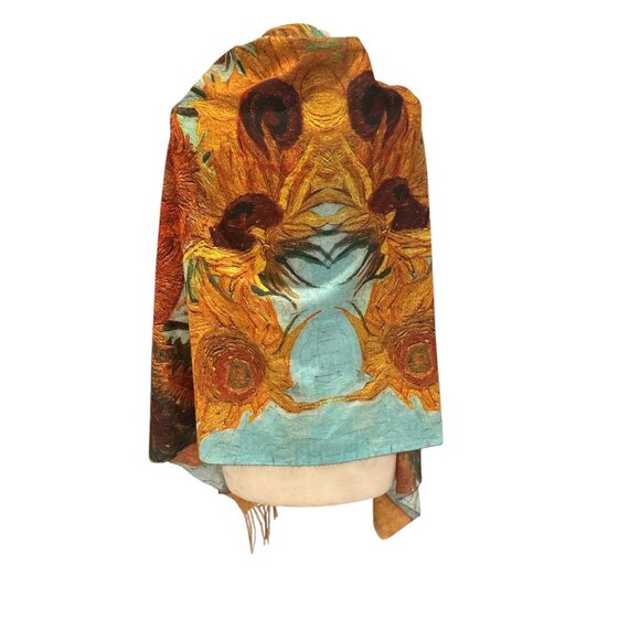 Van Gogh Sunflowers Print Shawl Wrap Scarf With Fringe Edges Lightweight & Versa - Picture 4 of 8